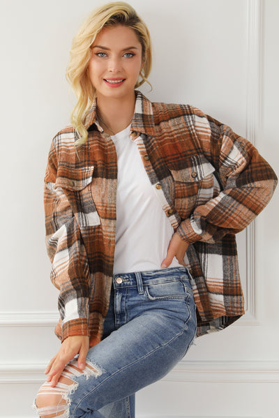 Brown Plaid Flap Pockets Shacket-Outerwear-MomFashion