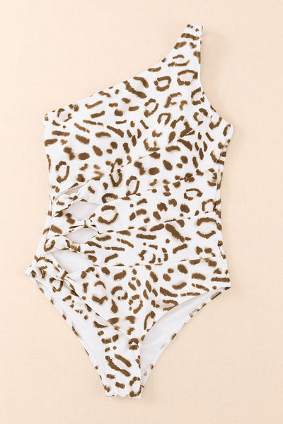 Leopard Print One Shoulder Hollow-out One-Piece Swimsuit-Swimwear-MomFashion