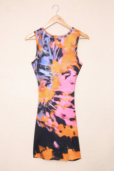 Multicolor Tie-dye Print Hollow Out Twist Bodycon Mini Dress-Dresses-MomFashion