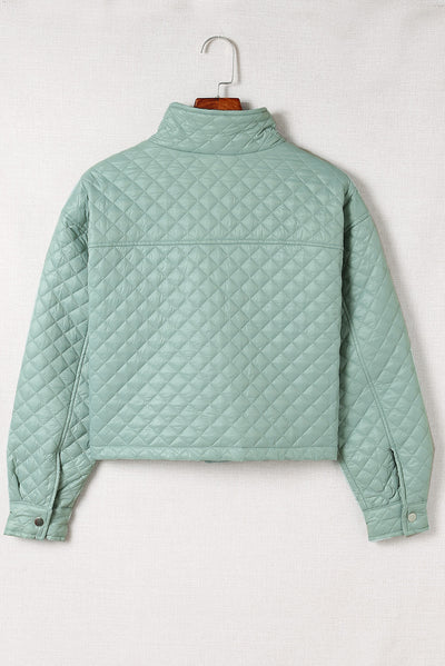 Green Quilted Pocketed Zip-up Cropped Jacket-Outerwear-MomFashion