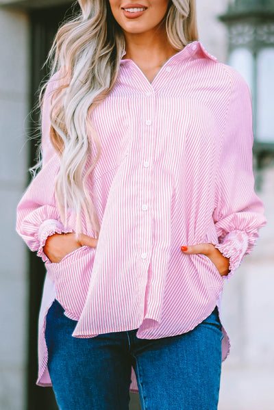 Pink Smocked Cuffed Striped Boyfriend Shirt with Pocket-Tops-MomFashion