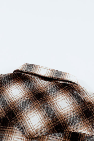 Brown Buttons Pocketed Plaid Shacket-Outerwear-MomFashion