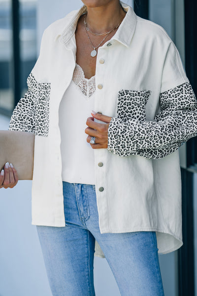 White Contrast Leopard Denim Jacket-Outerwear-MomFashion