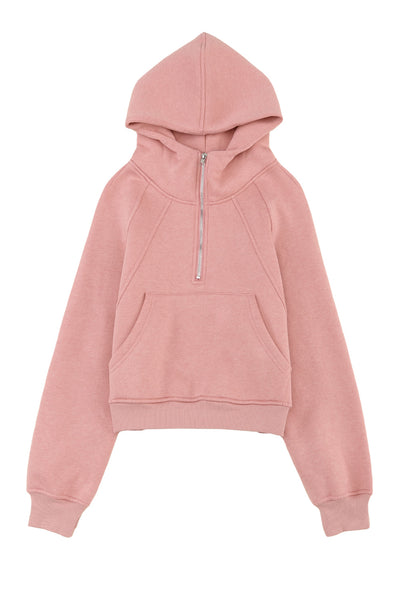 Pink Quarter Zip Kangaroo Pocket Hoodie-Tops-MomFashion