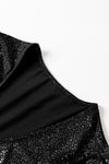 Black Glitter Wrap V Neck Tie Hem Puff Sleeve Blouse-Tops-MomFashion