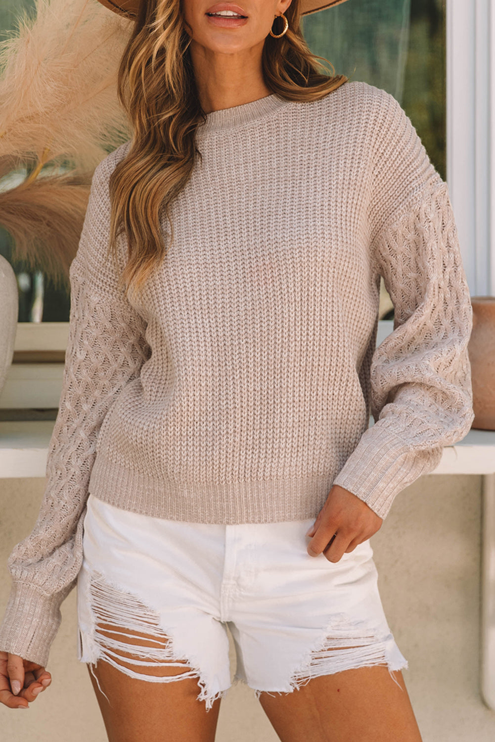 Parchment Cable Knit Sleeve Drop Shoulder Sweater-Tops-MomFashion