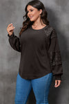 Black Plus Size Sequin Patchwork Crew Neck Long Sleeve Top-Plus Size-MomFashion