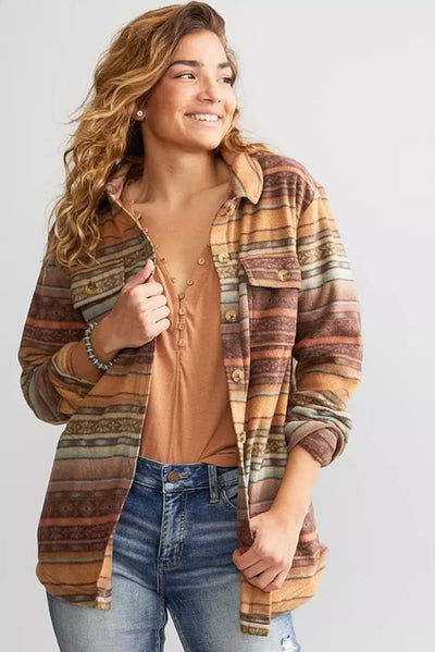 Brown Western Print Fleece Shacket-Outerwear-MomFashion