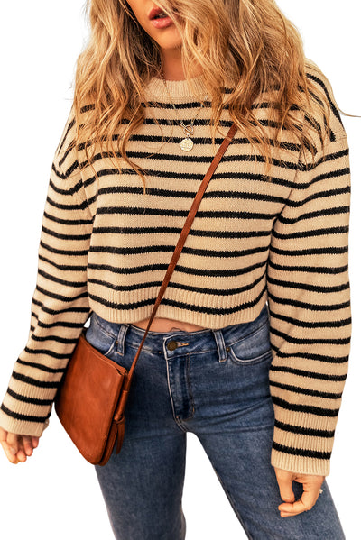 Light French Beige Striped Knit Drop Shoulder Crewneck Cropped Sweater-Tops-MomFashion