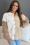 Khaki Corduroy Colorblock Button up Loose Shacket-Outerwear-MomFashion