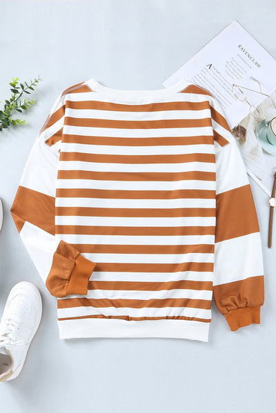 Brown Stripe Drop Shoulder Striped Pullover Sweatshirt-Tops-MomFashion