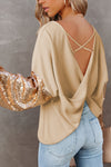 Apricot Sequin Patchwork Sleeve Open Back Waffle Knit Top-Tops-MomFashion