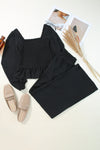 Black Square Neck Smocked Peplum Top and Pants Set-Loungewear-MomFashion