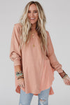 Crinkle Splicing Raw Hem High Low Oversized Blouse-Tops-MomFashion