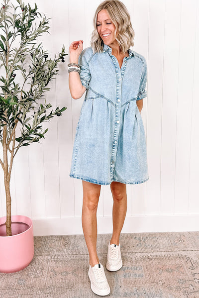 Beau Blue Mineral Wash Ruffled Short Sleeve Buttoned Denim Dress-Dresses-MomFashion