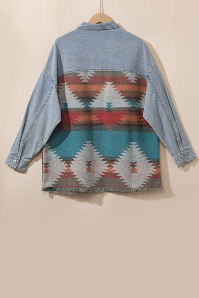 Sky Blue Plus Size Denim Aztec Jacket-Plus Size-MomFashion