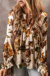 Apricot Gorgeous Floral Split Neck Flounce Sleeve Blouse-Tops-MomFashion