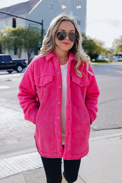 Bright Pink Faux Suede Sherpa Patchwork Button-up Shacket-Outerwear-MomFashion