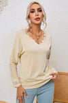 Apricot Ribbed Texture Lace Trim V Neck Long Sleeve Top-Tops-MomFashion