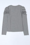 Gray Buttoned Puff Long Sleeve Sheath Top-Tops-MomFashion