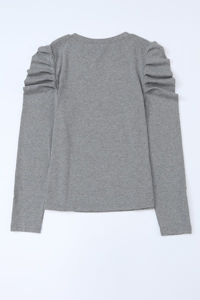 Gray Buttoned Puff Long Sleeve Sheath Top-Tops-MomFashion