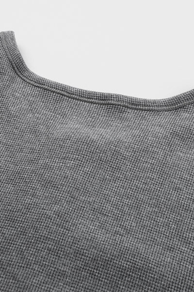 Gray Waffle Knit Henley Top-Tops-MomFashion