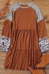 Brown Waffle Knit Leopard Patchwork Long Sleeve Dress-Dresses-MomFashion