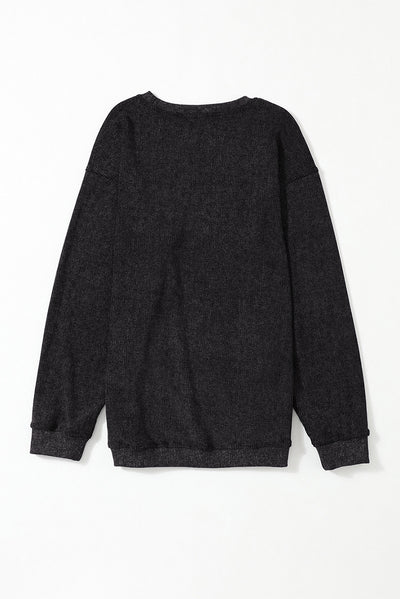 Black Solid Ribbed Knit Round Neck Pullover Sweatshirt-Tops-MomFashion