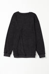 Black Solid Ribbed Knit Round Neck Pullover Sweatshirt-Tops-MomFashion