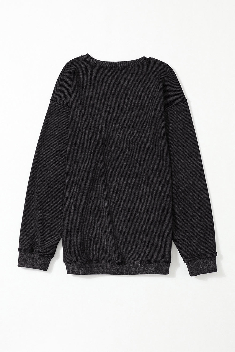 Black Solid Ribbed Knit Round Neck Pullover Sweatshirt-Tops-MomFashion