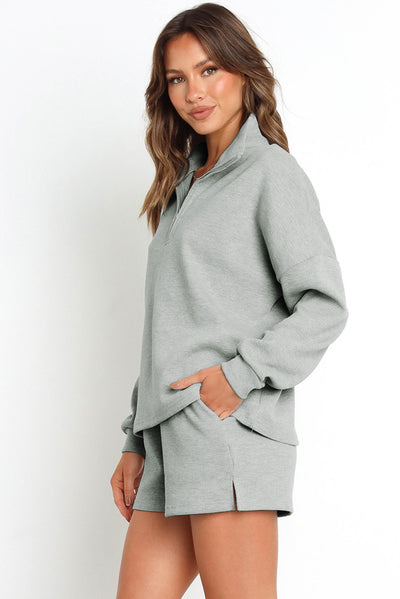 Gray Ribbed Zipper Sweatshirt and High Waist Shorts Set-Loungewear-MomFashion