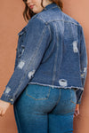 Dark Blue Plus Size Distressed Flap Pocket Denim Jacket-Plus Size-MomFashion