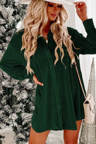 Blackish Green Velvet Button Front Shirt Mini Dress-Dresses-MomFashion