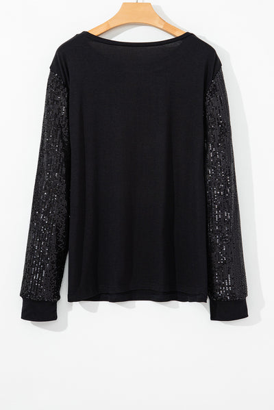 Black Sequin Contrast Long Sleeve Plus Size Top-Plus Size-MomFashion