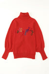 Fiery Red Christmas Holly Jolly Tinsel Graphic High Neck Sweater-Tops-MomFashion