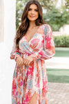 Tropical Plant Print Long Sleeve Wrap V-Neck Slit Maxi Dress-Dresses-MomFashion