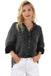 Black Mineral Wash Crinkle Textured Chest Pockets Shirt-Tops-MomFashion