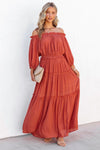 Orange Off Shoulder Balloon Sleeve Cutout Ruffled Maxi Dress-Dresses-MomFashion