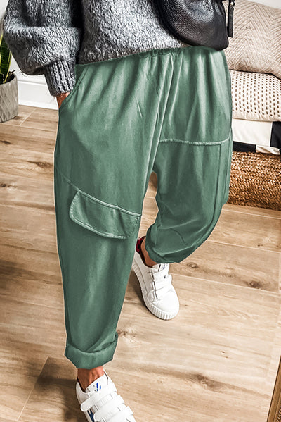 Mist Green Elastic Waist Cargo Pants-Bottoms-MomFashion