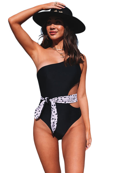 Black Asymmetric Cutout Belted One-piece Swimwear-Swimwear-MomFashion