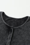 Black Mineral Wash Ribbed Snap Buttons Long Sleeve Bodysuit-Tops-MomFashion