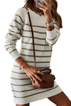 Stripe Button Ribbed Detail Mini Sweater Dress-Dresses-MomFashion