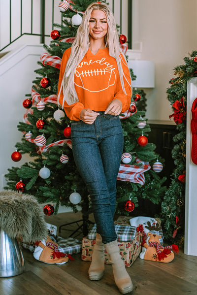 Orange Game Day Lettering Rugby Notched Neck Sweatshirt-Tops-MomFashion