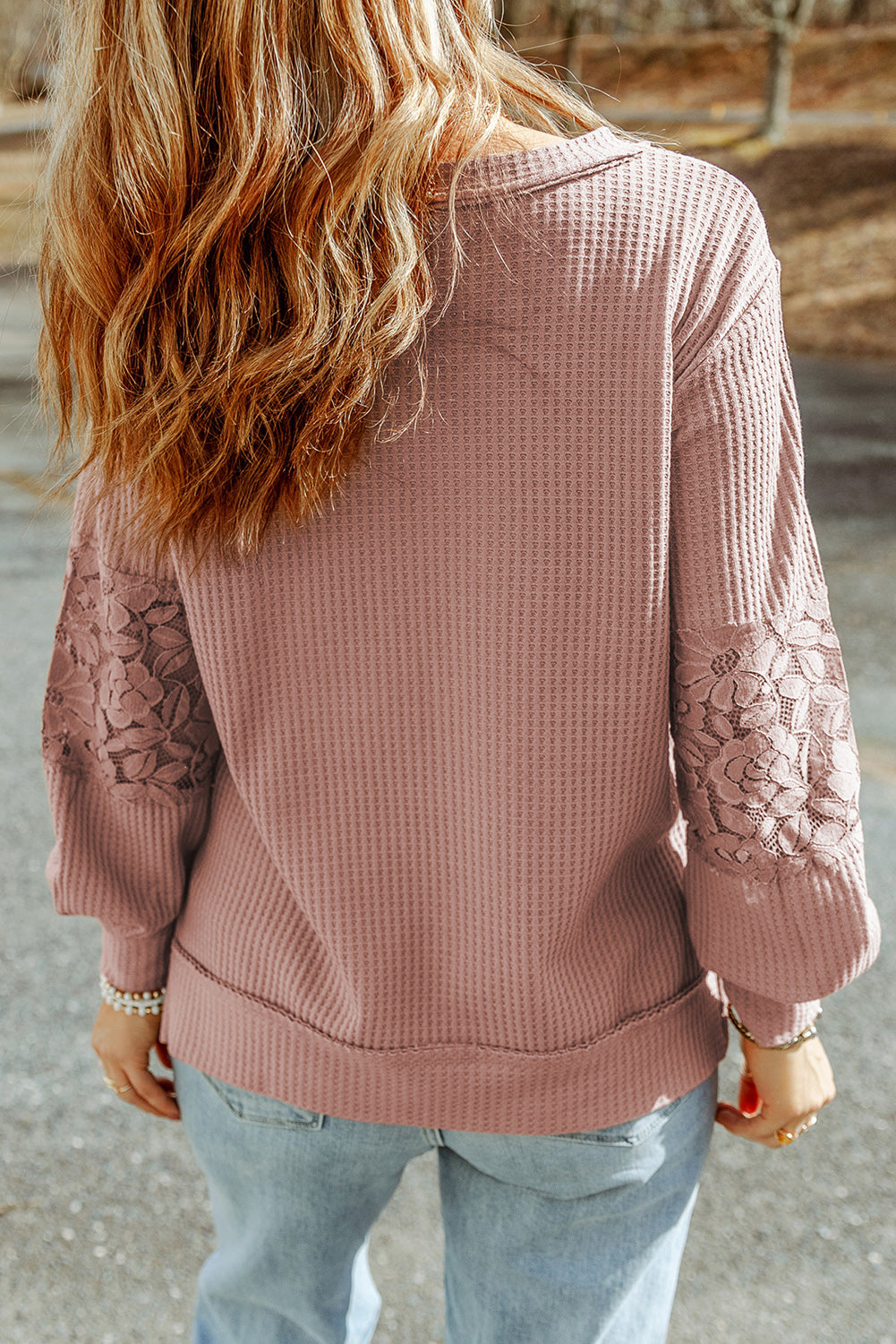 Pink Lace Waffle Patchwork Strappy V Neck Long Sleeve Top-Tops-MomFashion