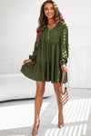 Green Lace Puff Sleeve Buttoned Tiered Ruffled Mini Dress-Dresses-MomFashion