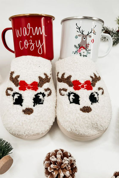 White Christmas Cartoon Pattern Plush Slippers-Shoes & Bags-MomFashion