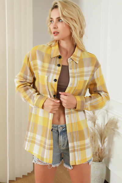 Yellow Plaid Button Up Patch Pocket Shirt-Tops-MomFashion