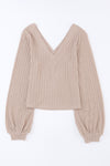 Khaki Knitted Jacquard V Neck Lantern Sleeve Top-Tops-MomFashion