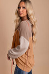 Khaki Color Block Long Sleeve Ribbed Loose Top-Tops-MomFashion