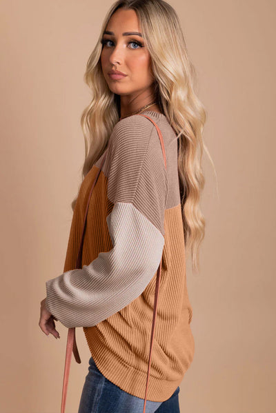 Khaki Color Block Long Sleeve Ribbed Loose Top-Tops-MomFashion